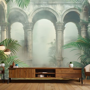 Carta da parati staccabile e incollata con archi nebbiosi da sogno, opzione non tessuta, sfondo fotografico gotico, elegante decorazione murale