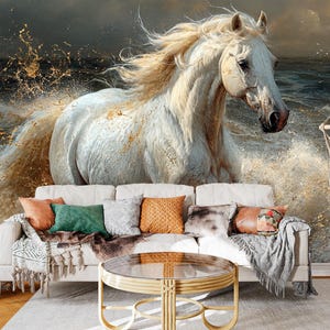 Wall mural depicting a stunning white horse in mid-stride through turbulent water, with its mane billowing, designed to bring a sense of strength and elegance to modern or rustic interiors.