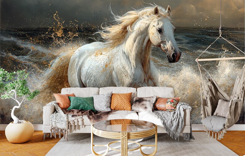 Wall mural depicting a stunning white horse in mid-stride through turbulent water, with its mane billowing, designed to bring a sense of strength and elegance to modern or rustic interiors.