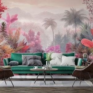 Pink Wall Mural Customize Peel and Stick Watercolor Forest Landscape Wallpaper
