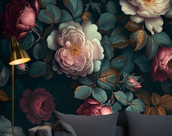 Revestimiento de pared de dormitorio floral vintage en acuarela con flores