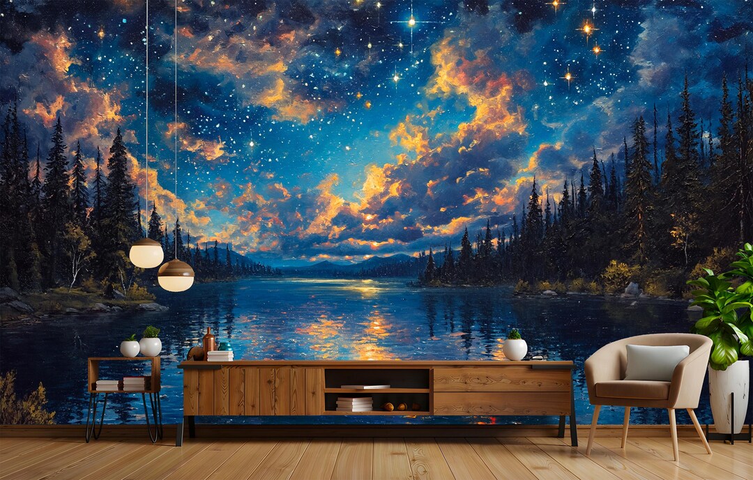 Magical Starry Sky Forest Lake Wallpaper - Peel and Stick Removable ...