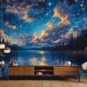 Carta da parati magica con cielo stellato, foresta e lago - murale rimovibile staccabile e attaccabile / arte murale panoramica in tessuto non tessuto con nuvole e alberi luminosi
