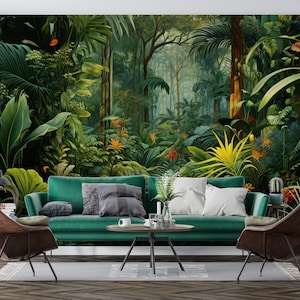 Watercolor Dark Tropical Art with Leopard Wallpaper Mural