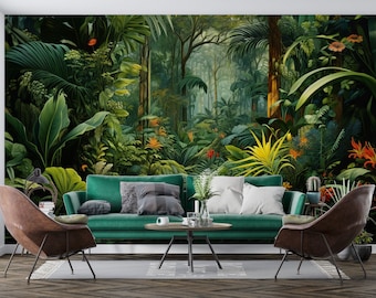 Tropical Forest Wallpaper Peel and Stick Watercolor Jungle Landscape Wall Mural