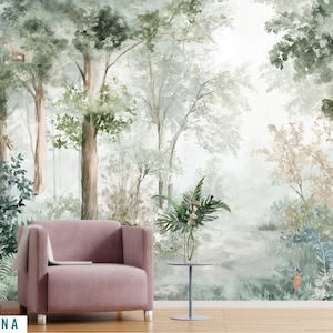 Woodland Animals Wallpaper Nursery Mountain Wall Mural Forest Wallpaper Removable Kids Room Watercolor Woodland Nursery Decor Cute Animals