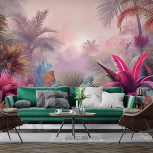 Colorful Wall Tropical Plant Peel and Stick Wallpaper Vintage Tropical Watercolor Mural Vintage Leaves Pink