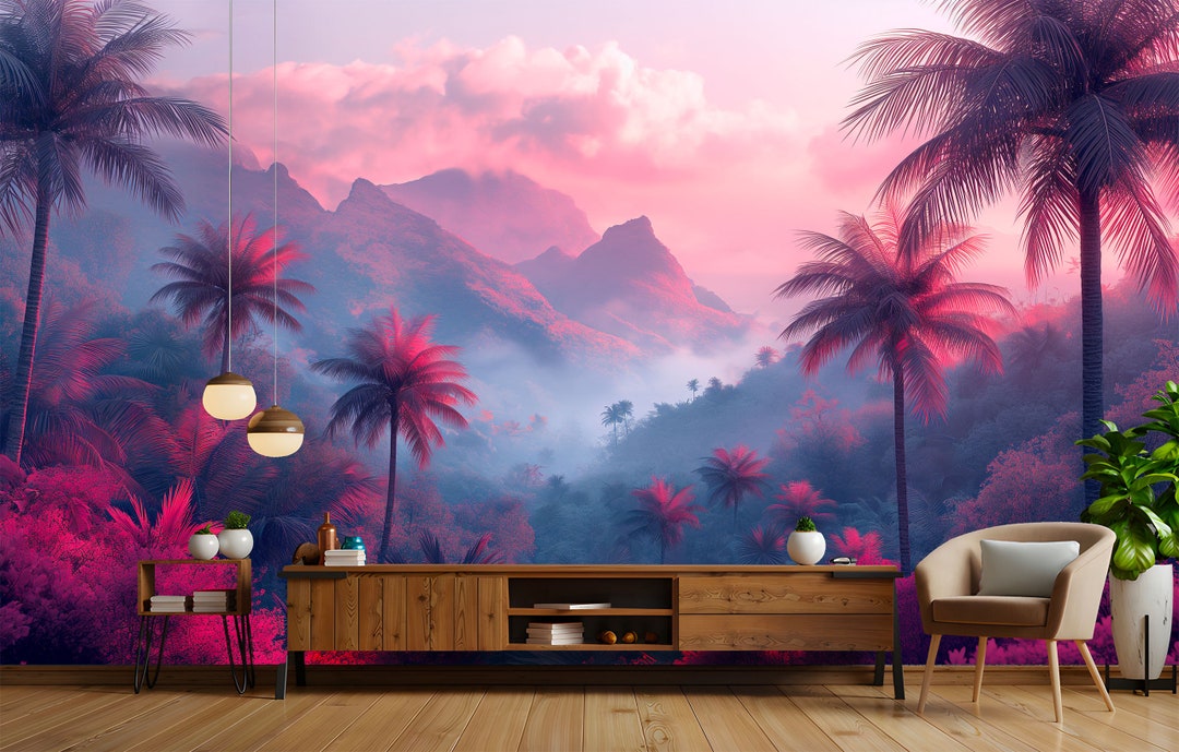 Pink Palm Trees Foggy Forest Landscape Tropical Ethereal Dreamy Serene ...
