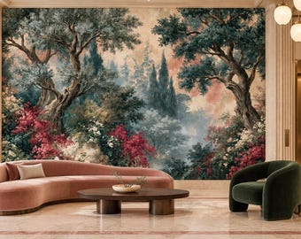 Vintage Olive Trees Wallpaper Mural | Pink Garden Flower Cypress Peel and Stick Wall Mural | Romantic Mediterranean Removable Wallpaper
