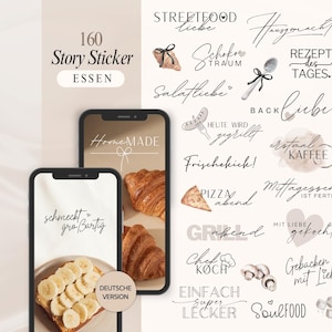 Könnte beinhalten: Digitales Sticker-Set für Social Media mit Grafiken und Texten zum Thema Essen. Enthält Handy-Mockups mit Essensbildern und Texten sowie einzelne Sticker mit Sätzen wie "Streetfood" und "Homemade."