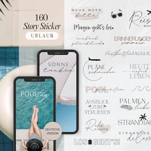 Könnte beinhalten: Digitales Produkt mit 160 Story-Stickern zum Thema Urlaub. Das Bild zeigt Smartphone-Mockups mit Strandszenen, deutsche Text-Overlays und reisebezogene Grafiken wie Sonnenbrillen und Palmen. Enthält den Text "Deutsche Version".