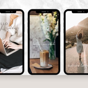 May include: Three phone screen mockups with different images. The first shows a person working on a laptop with the text "HELLO Monday". The second shows a cup of iced coffee with the text "hello new week". The third shows a person walking on a road with the text "nature love".