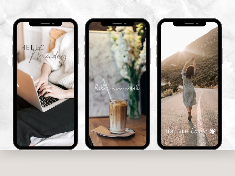May include: Three phone screen mockups with different images. The first shows a person working on a laptop with the text "HELLO Monday". The second shows a cup of iced coffee with the text "hello new week". The third shows a person walking on a road with the text "nature love".