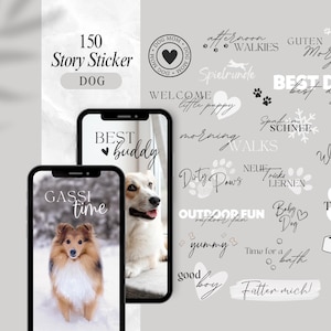 以下が含まれることがあります： 犬をテーマにした150個のストーリーステッカーのデジタル製品。画像には、犬の写真と「Best Buddy」や「Gassi Time」などのテキストオーバーレイが表示された2つのスマートフォンが含まれています。「Dog Mom」や足跡などのテキスト要素も含まれています。