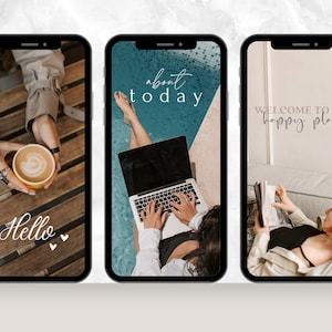 May include: Three phone screen mockups with different images. The first image shows a person holding a cup of coffee with the text "Hello" on the screen. The second image shows a person working on a laptop with the text "about today" on the screen. The third image shows a person reading a book with the text "WELCOME TO MY happy place" on the screen.