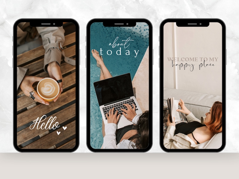 May include: Three phone screen mockups with different images. The first image shows a person holding a cup of coffee with the text "Hello" on the screen. The second image shows a person working on a laptop with the text "about today" on the screen. The third image shows a person reading a book with the text "WELCOME TO MY happy place" on the screen.