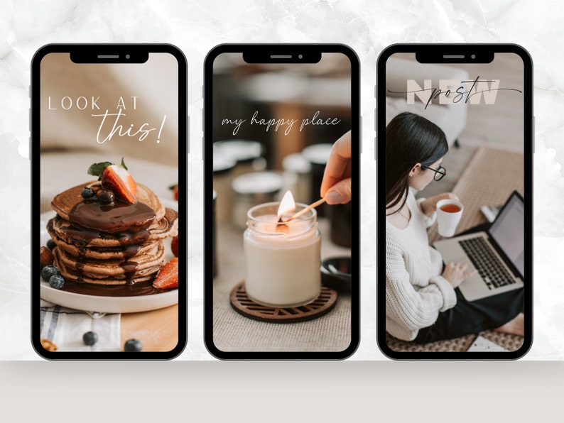 May include: Three images on a phone screen. The first image shows a stack of pancakes with chocolate sauce, blueberries, and strawberries. The text "LOOK AT this!" is on the screen. The second image shows a lit candle in a glass jar on a wooden coaster. The text "my happy place" is on the screen. The third image shows a person sitting on the floor with a laptop and a cup of tea. The text "new post" is on the screen.