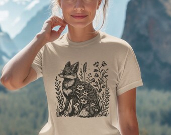 Fennec Fox Linocut Shirt Woodcut Print Folklore Shirt Lino Print Earthy Clothing Swedish Folk Art Witchcore Cottagecore Outfits Granola Girl