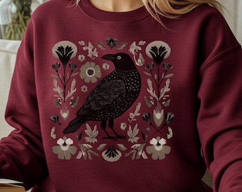 Crow Shirt Nordic Sweater  Crow T Shirt Raven Shirt Linocut Shirt Scandinavian Folk Art Woodland Whimsy Cottage Core Clothes Cozycore