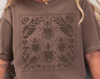 Beetle Shirt Linocut Shirt Insect Shirt Whimsigoth Clothing Risograph Shirt Cottage Core Clothes Woodland Whimsy Cozycore Art Nouveau Shirt