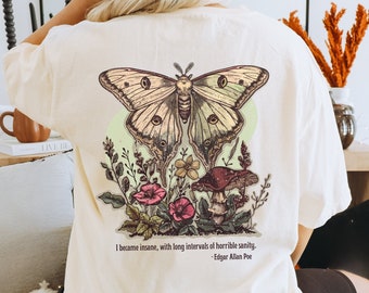 Edgar Allan Poe Light Academia Moth Shirt Mushroom Shirt Luna Moth Whimsigoth Clothing Goblincore Fairy Grunge Poet Shirt Dark Academia