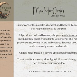 Może przedstawiać: Grafika z tekstem "Made-to-Order Just for you!" i logo "Moonlight & Moss". Tekst wyjaśnia, że produkty są wykonywane na zam&oacute;wienie, aby ograniczyć marnotrawstwo. Wspomina r&oacute;wnież zaangażowanie sklepu w ochronę planety i niestandardowe opcje kolorystyczne.