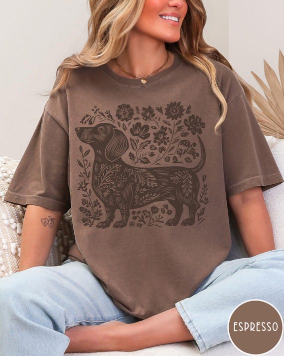 Daschund Shirt Linocut Shirt Dachshund Cottage Core Clothes Scandinavian Folk Art Risograph Shirt Vintage Dachshund Shirt Weiner Dog Gifts