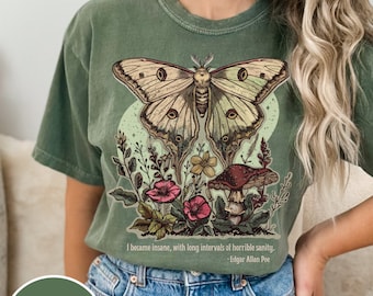 Comfort Colors Edgar Allan Poe Light Academia Moth Shirt Mushroom Shirt Luna Moth Whimsigoth Clothing Goblincore Poet Shirt Dark Academia