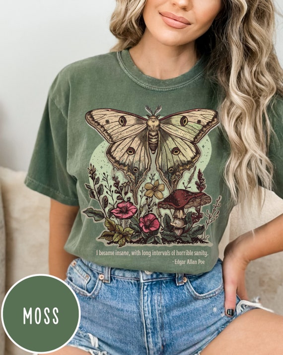 Comfort Colors Edgar Allan Poe Light Academia Moth Shirt Mushroom Shirt Luna Moth Whimsigoth Clothing Goblincore Poet Shirt Dark Academia