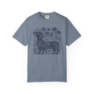 Daschund Shirt Linocut Shirt Dachshund Cottage Core Clothes Scandinavian Folk Art Risograph Shirt Vintage Dachshund Shirt Weiner Dog Gifts Blue Jean