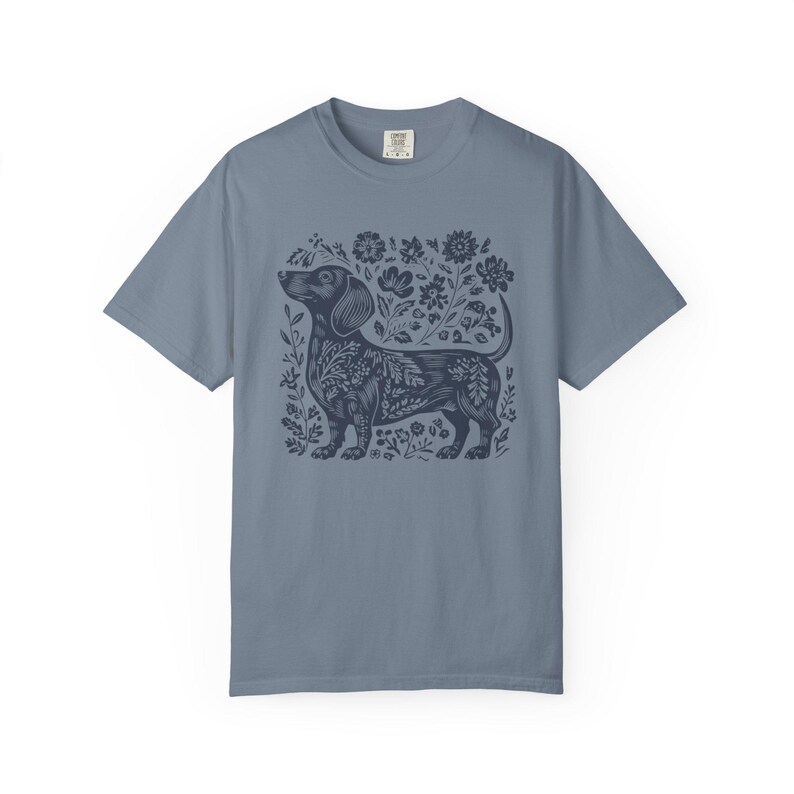 Daschund Shirt Linocut Shirt Dachshund Cottage Core Clothes Scandinavian Folk Art Risograph Shirt Vintage Dachshund Shirt Weiner Dog Gifts Blue Jean