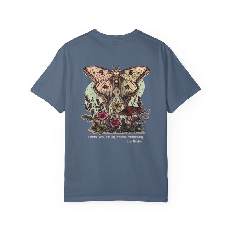 Comfort Colors Edgar Allan Poe Light Academia Moth Shirt Mushroom Shirt Luna Moth Whimsigoth Clothing Goblincore Poet Shirt Dark Academia Blue Jean