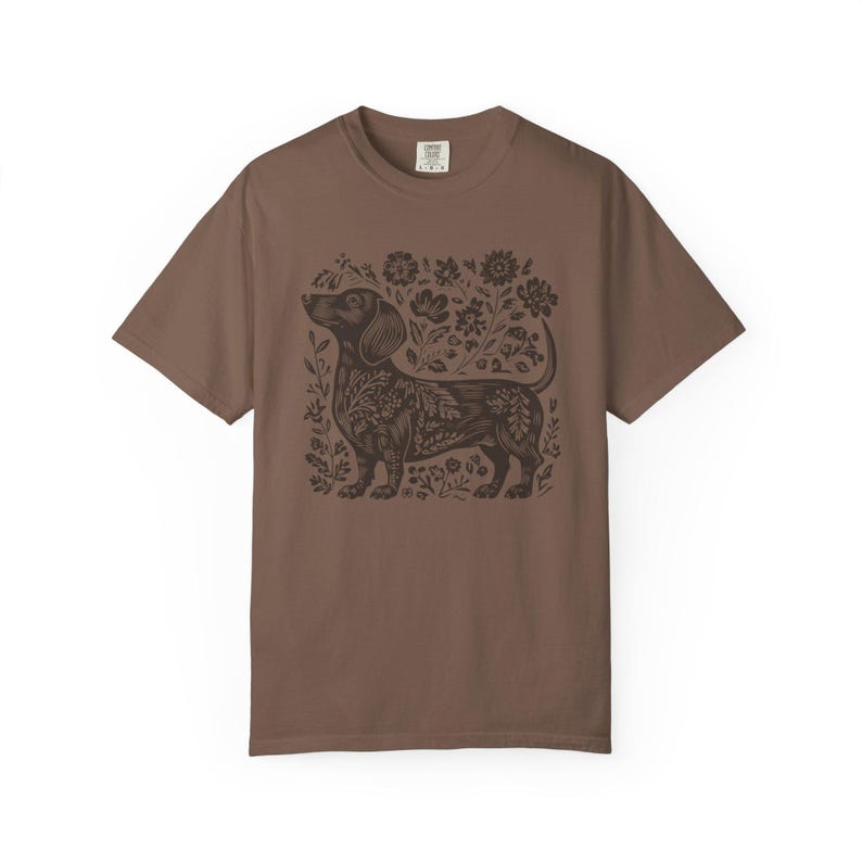 Daschund Shirt Linocut Shirt Dachshund Cottage Core Clothes Scandinavian Folk Art Risograph Shirt Vintage Dachshund Shirt Weiner Dog Gifts Espresso