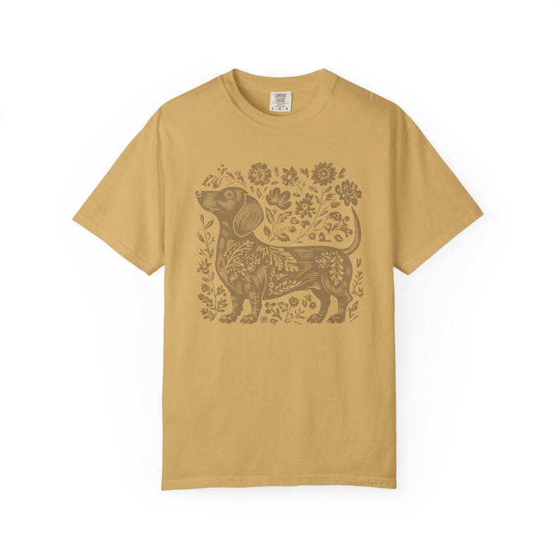 Daschund Shirt Linocut Shirt Dachshund Cottage Core Clothes Scandinavian Folk Art Risograph Shirt Vintage Dachshund Shirt Weiner Dog Gifts Mustard