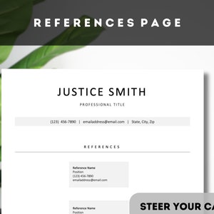 以下が含まれることがあります： 「REFERENCES PAGE」というテキストが上部にあり、その下に「JUSTICE SMITH」というテキストがより大きなフォントサイズで表示されている白黒の参照ページテンプレート。 「PROFESSIONAL TITLE」というテキストは名前の下にあります。 このテンプレートには、連絡先情報、参照用のセクション、および下部に「STEER YOUR CAREER」というテキストが含まれています。