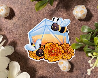 Bee and Marigold Dice Sticker: Cute Dnd Sticker, Dnd Gift, Laptop Sticker, Dungeons & Dragons Sticker, Vinyl Stickers, D20 Sticker, TTRPG