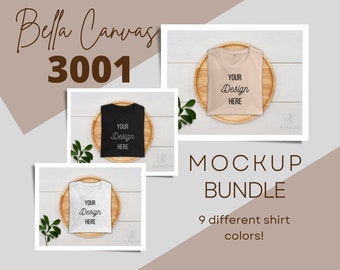 May include: Mockup bundle of Bella Canvas 3001 t-shirts in white, black, and beige on wooden trays. The text "YOUR DESIGN HERE" is printed on each shirt.