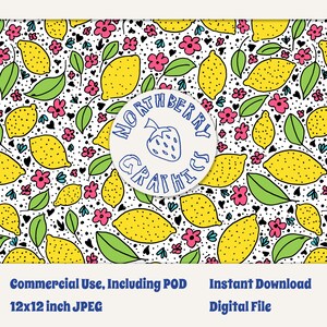 Doodle Lemon Seamless Pattern in Yellow, Pink, Green, and Blue for Commercial Use in Manufacturing and Print on Demand