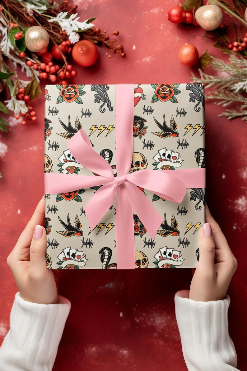 Traditional Tattoo Flash Wrapping Paper, Vintage Rockabilly Gift Wrap ...