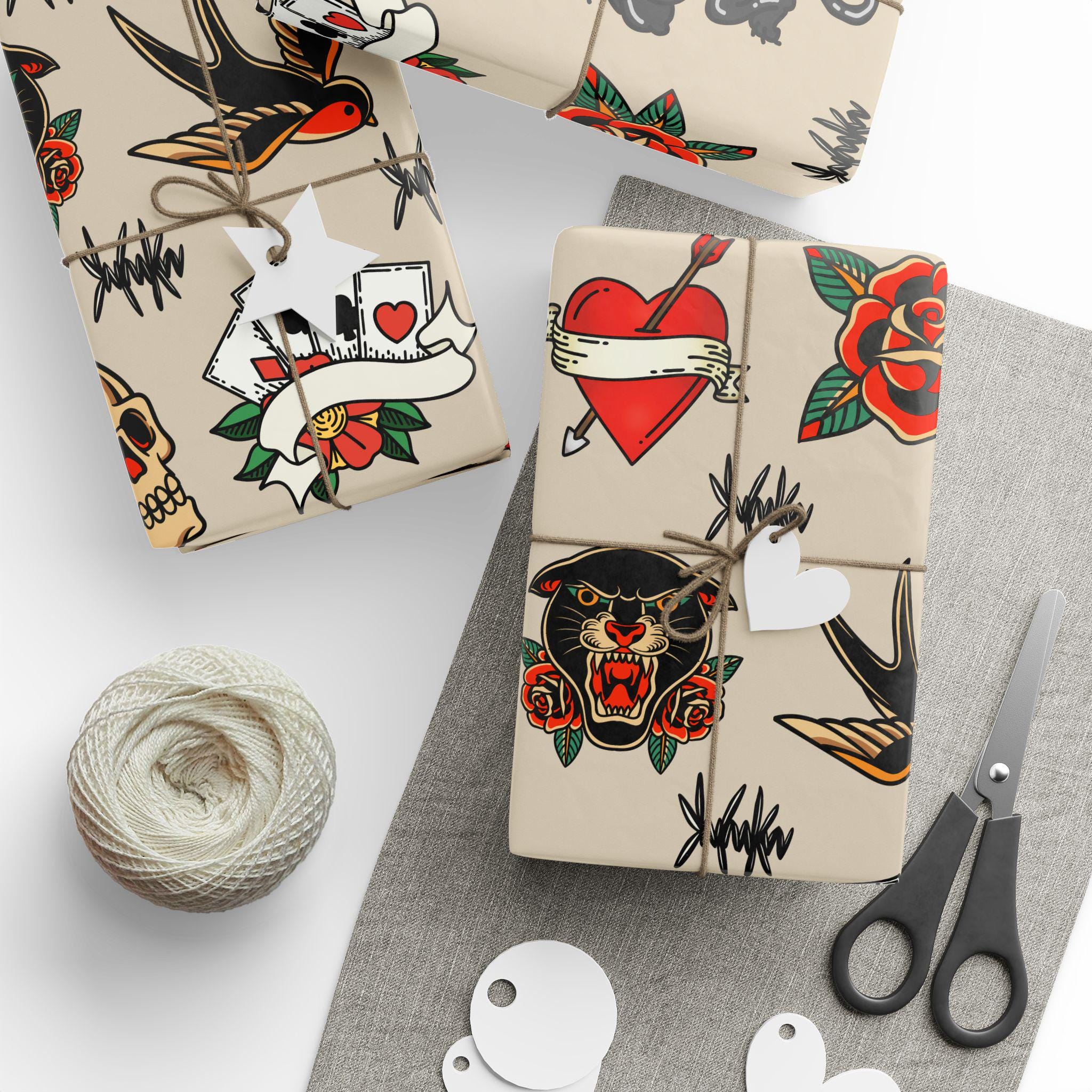 Traditional Tattoo Flash Wrapping Paper, Vintage Rockabilly Gift Wrap ...