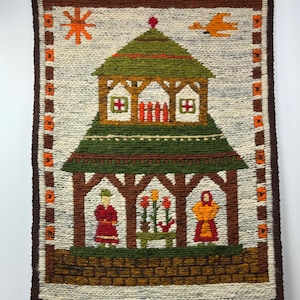 Vintage Polish Folk Art Tapestry: Handwoven Wool Kelim with Tassels