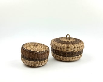 Hand Woven Lidded Baskets: Alaskan Nesting Grass & Wood Set