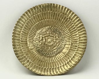 Vintage Brass Scalloped Dish: Danish Royal Coat of Arms