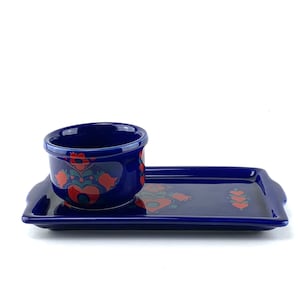 Vintage Royal Blue Serving Set: Bowl and Platter with Hearts, 1970s Scandinavian Style