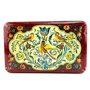 Une boîte en métal rectangulaire rouge avec un couvercle et un oiseau et une fleur d'art populaire | ancienne boîte à café hollandaise | Douwe Egberts | 1967 - 1970