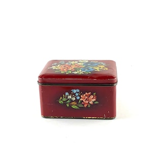 Vintage Dutch Cookie Tin: Red Metal Floral Design, 1958