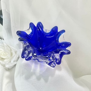 Bohemia Czech Vintage Thick Blue Glass Ashtray by Jaroslav Taraba for Lednicke Rovne, Czechoslovakia 1960s