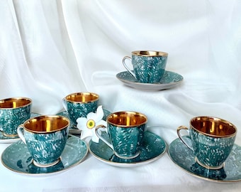 Vintage Porcelain Coffee Cup Set "Green Gold" – Made in Czechoslovakia