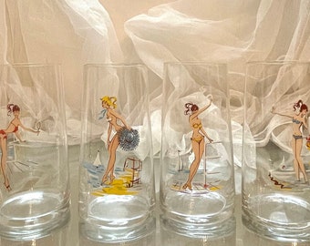 Vintage Nudity Gold Rimmed Glasses "Girls on the Beach" | 1960s Made in Czechoslovakia Glassware