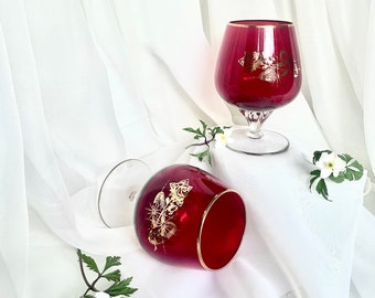 Set of 2 Wedding Engagement Bohemian Glasses | Gold Rimmed Snifter Pokal Red Glassware Gold Rimmed Vintage Red Glasses